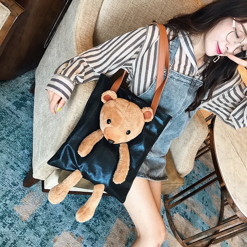

2019 New Style Pu Tote Bag Cute Cartoon Plush Bear Shoulder Oblique Handbag