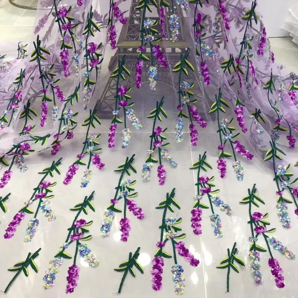 Lavender Sequined Gauze Lace Fabric Embroidered floral Netting
