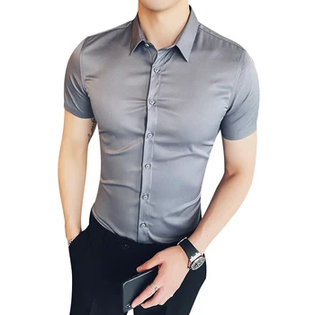 

Wrinkle-Resistant Dress Shirt Men Social Short Sleeve Slim Fit Button Down Business Casual Solid Color Shirts 8 Colors Choices