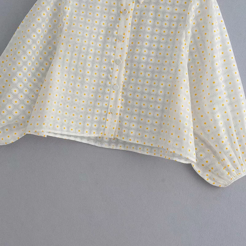 Сексуальная прозрачная Цветочная блузка с ромашками, рубашки для женщин с отложным воротником, короткие женские блузки с рукавом-фонариком, прозрачные блузы