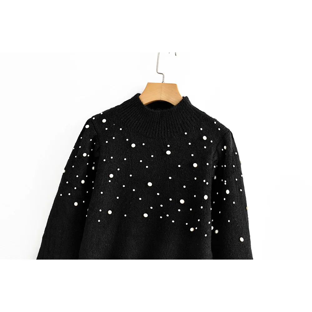 Мода Za, женский свитер с высоким воротом,, украшенный жемчугом ...