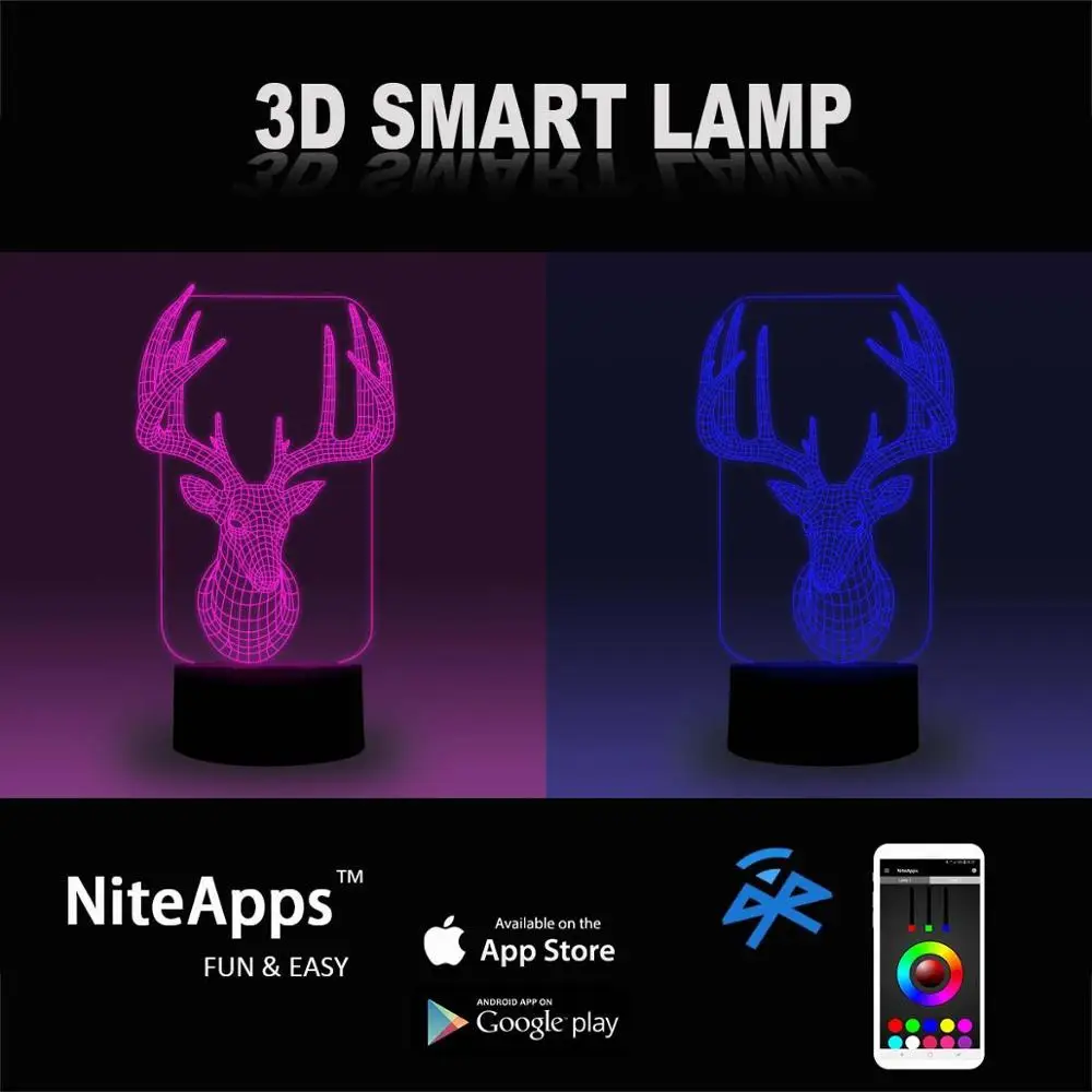 NiteApps 3D олень ночник настольная лампа Иллюзия подарок на день рождения приложение/сенсорное управление