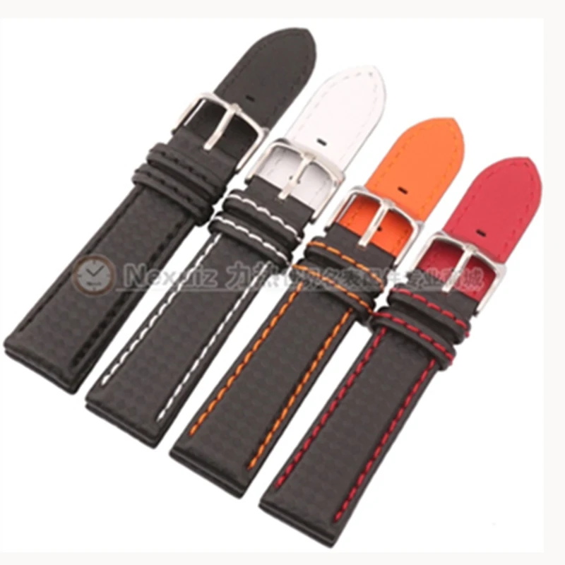 

For any wristband Watch Band Carbon Fibre Black with red line with Leather Lining Stainless Steel Clasp 18 20 21 22 23 24mm