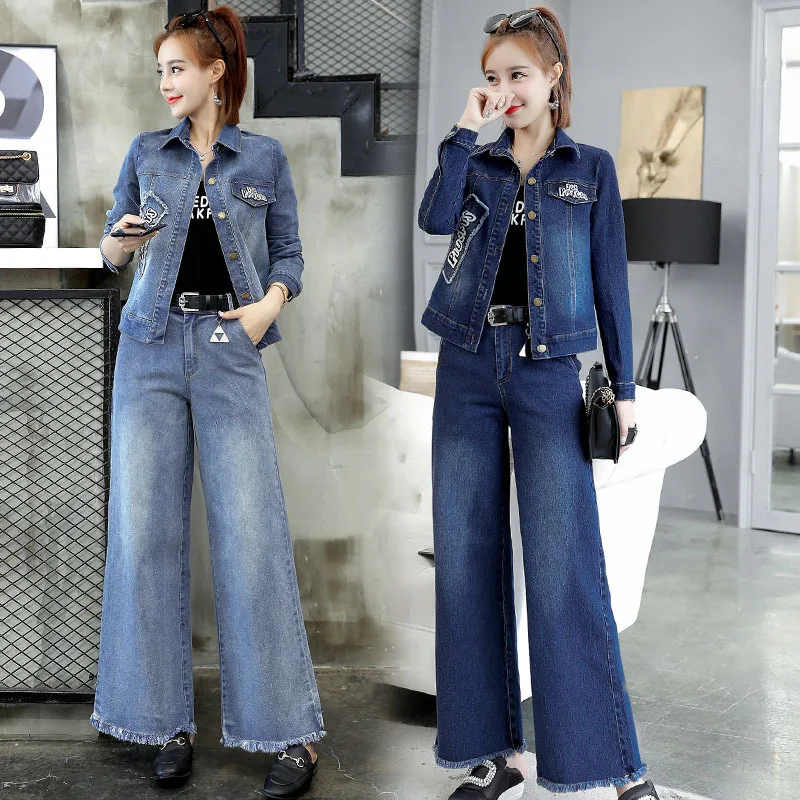 

Cowboy Flash Loose Pants WOMEN'S Suit Spring And Autumn New Style Fashion Elegant Fold-down Collar with Holes Coat Short Two-Pie