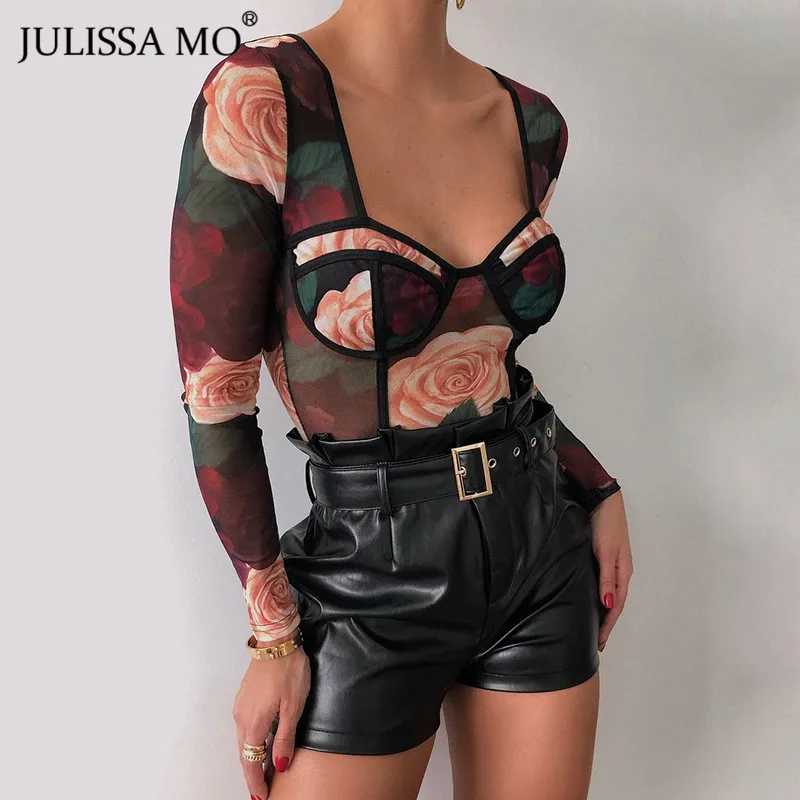 Julissa Mo из сетчатого материала с принтом сексуальный костюм в обтяжку для женщин длинным рукавом прозрачный