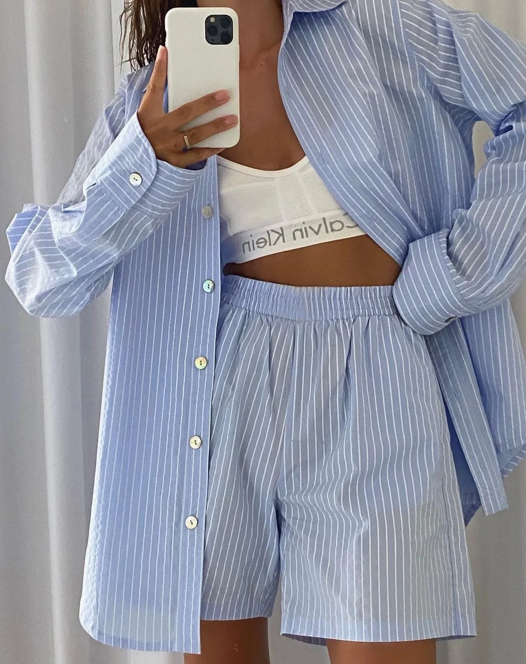 Loung Wear Women's Home Clothes Stripe Long Sleeve Shirt Tops and Loose High Waisted Mini Shorts Two Piece Set Pajamas