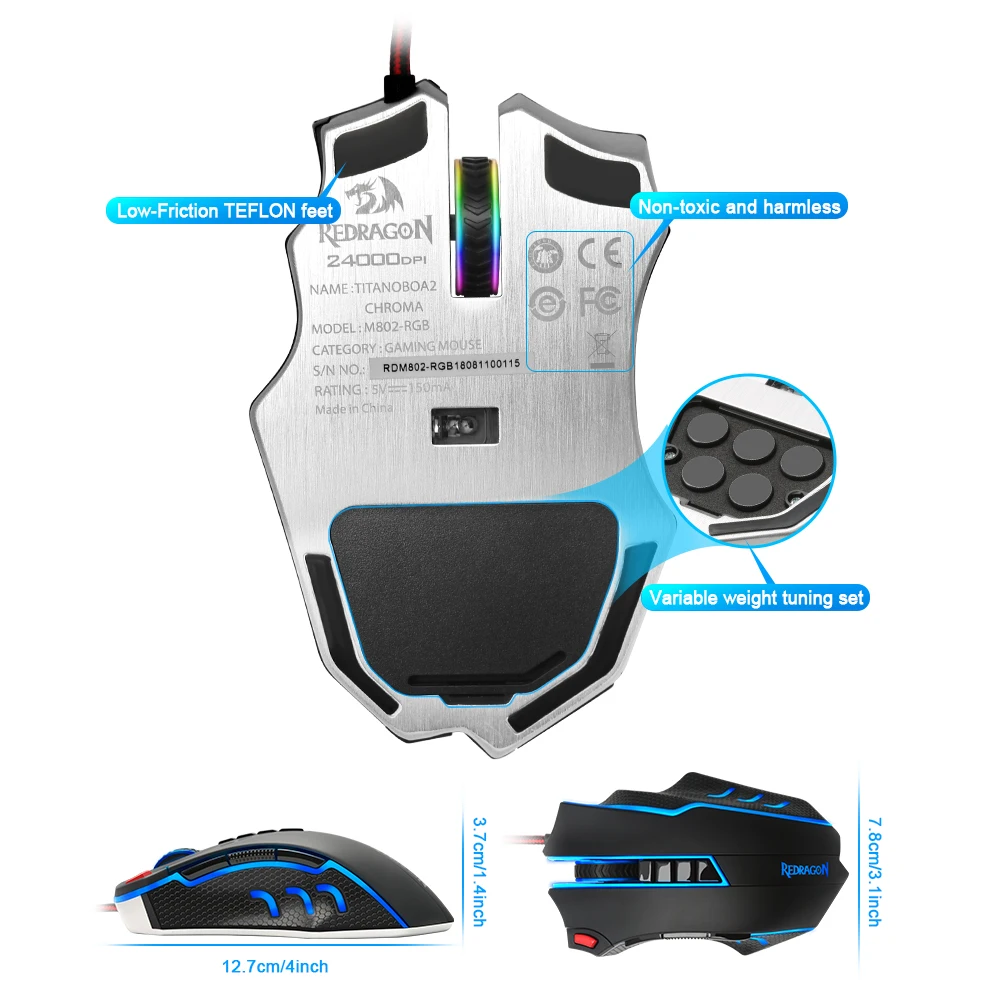 Дешево Redragon TITANOBOA2 M802 USB Проводная игровая компьютерная мышь 24000 dpi 10 кнопок 5 цветов с подсветкой RGB Программируемый Эргономичный PC Gamer