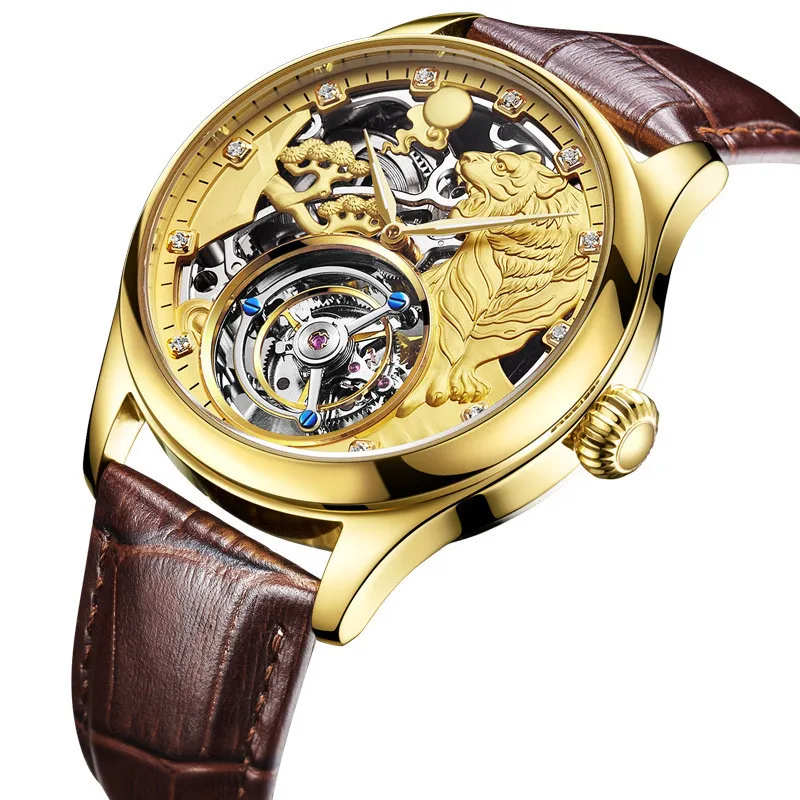 Настоящие Tourbillon Мужские механические наручные часы со скелетом с тигром