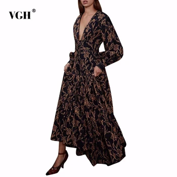 

VGH Embroidery Floral Desses Women Long Sleeve V Neck Midi Dress Female Vintage Clothes 2020 Spring Fashion New