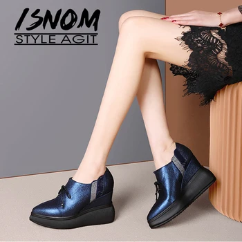 

ISNOM Wedges Shoes 9 CM Heels 2020 Elevator Shoes Fashion Crystal Sheep Skin Pumps Women Leather Shoes