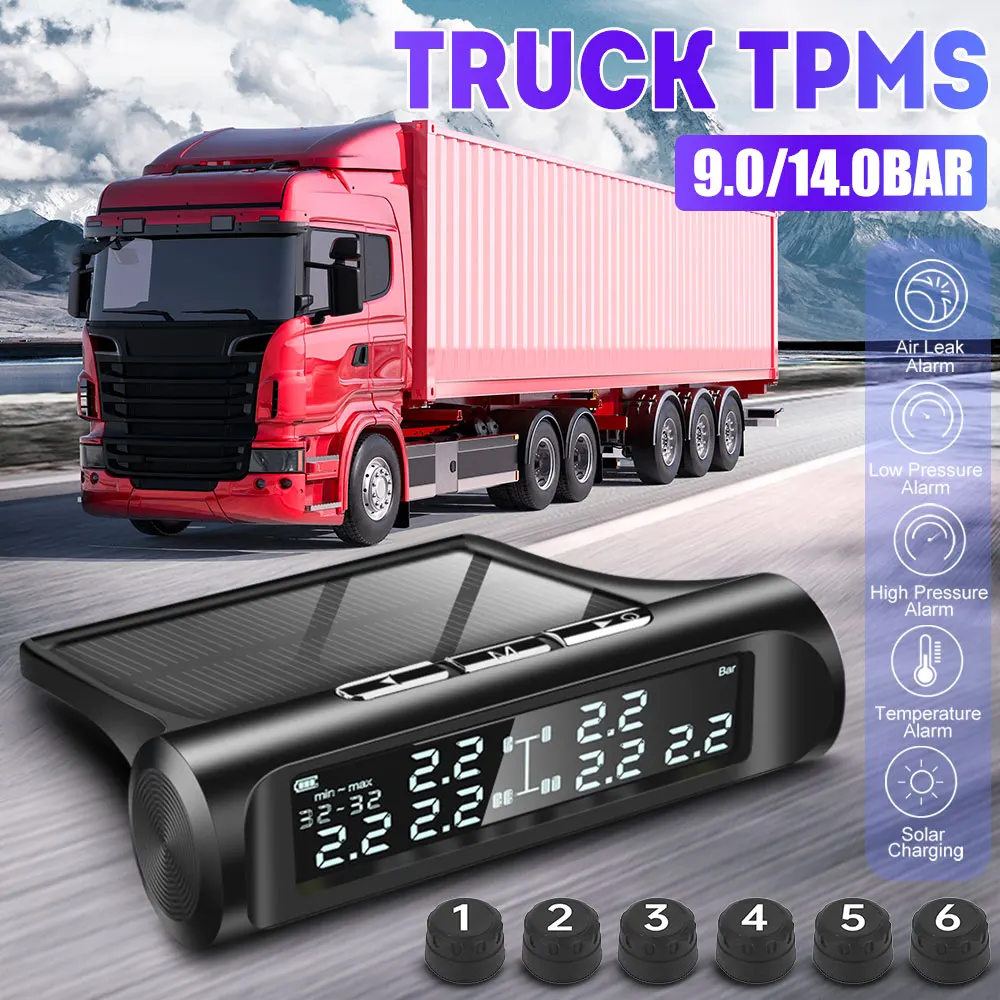 

New 2020 truck tire pressure monitoring system TPMS Solar tire temperature Alarm Real-time display USB +Solar energy