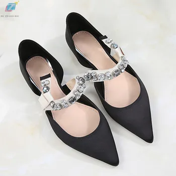 

Flat Shoes Woman New Black Satin Cloth Rhinestones Shallow Mouth Hollow Pointed Toe Fashion Casual Work Shoes Flats Women Shoes