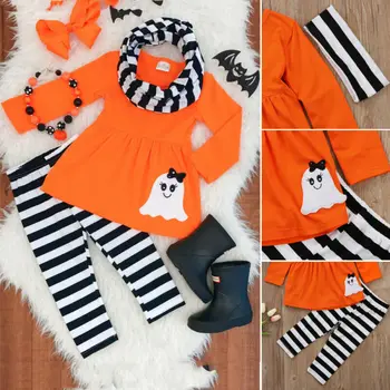 

3PCS Toddler Baby Girl Long Sleeve Lovely Halloween Clothes Set Sweet Dress Striped Pants Outfit Autumn