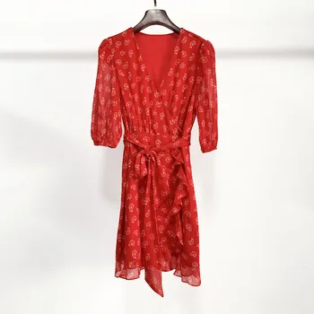 

Red V-neck Ruffles Women Dress Print Slim Waist Three Quareter Puff Sleeve Holiday Knee-length Dresses Holiday Robes With Sashes