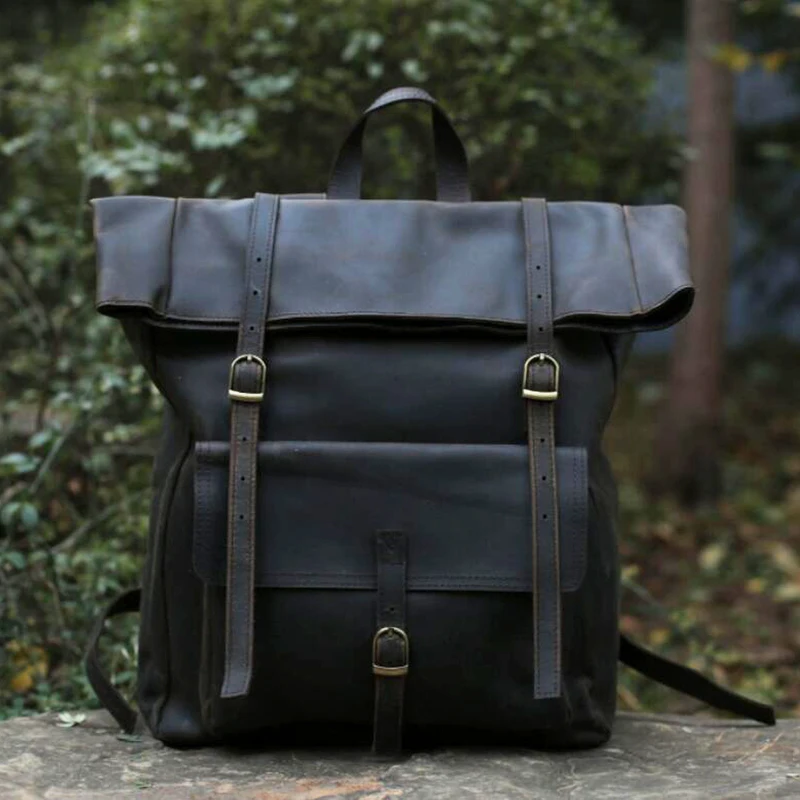 Roll Top Crazy Horse Leather Backpack Travelling Backpack Weekend Bag MG31