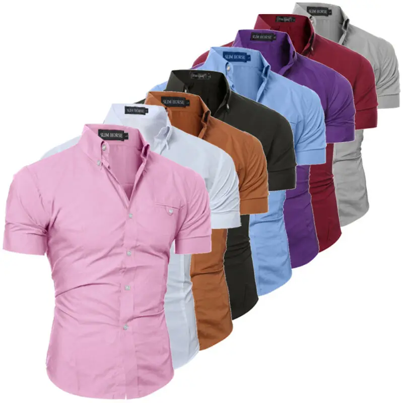 Men's Slim Fit Shirt Short Sleeve Business Formal Casual shirt Tops Solid Single Breasted 8 Color M-3XL | Мужская одежда