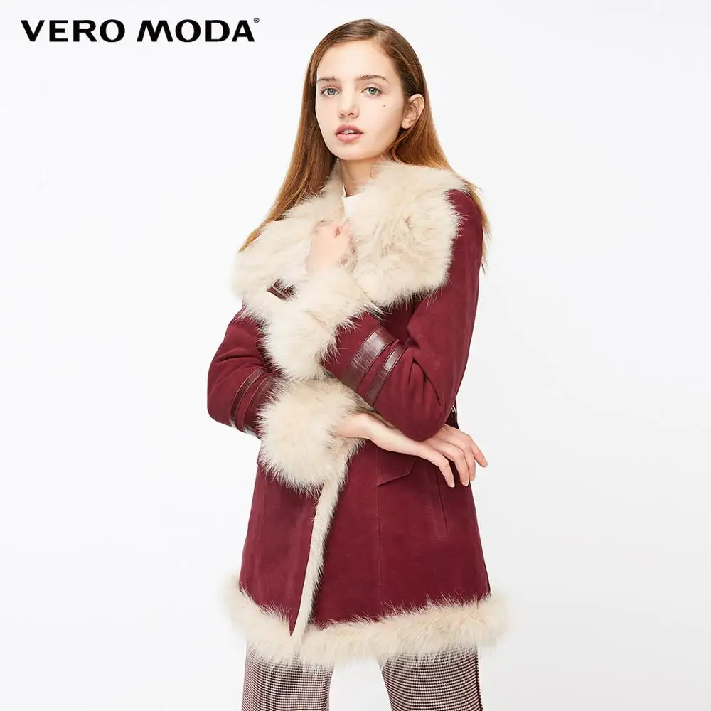 Vero Moda Новая женская кожаная куртка из овчины с воротником из лисьего меха на молнии | 318428525 - Цвет: Rosewood lea.
