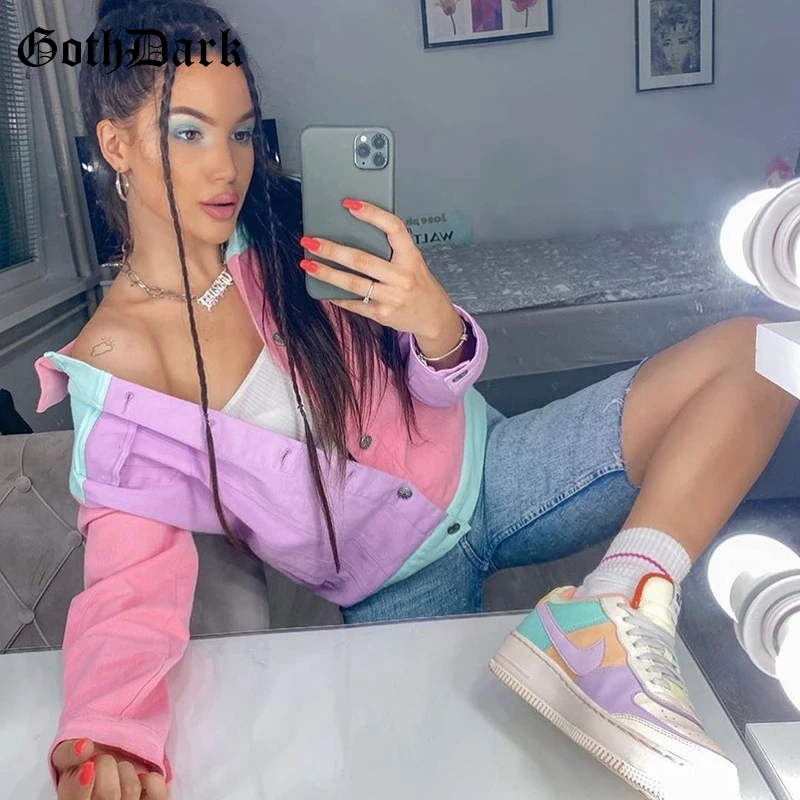 

Goth Dark E-girl Style Rainbow Colorful Patchwork Jackets Y2k Harajuku Button Front Long Sleeve Slim Coats For Women Streetwear
