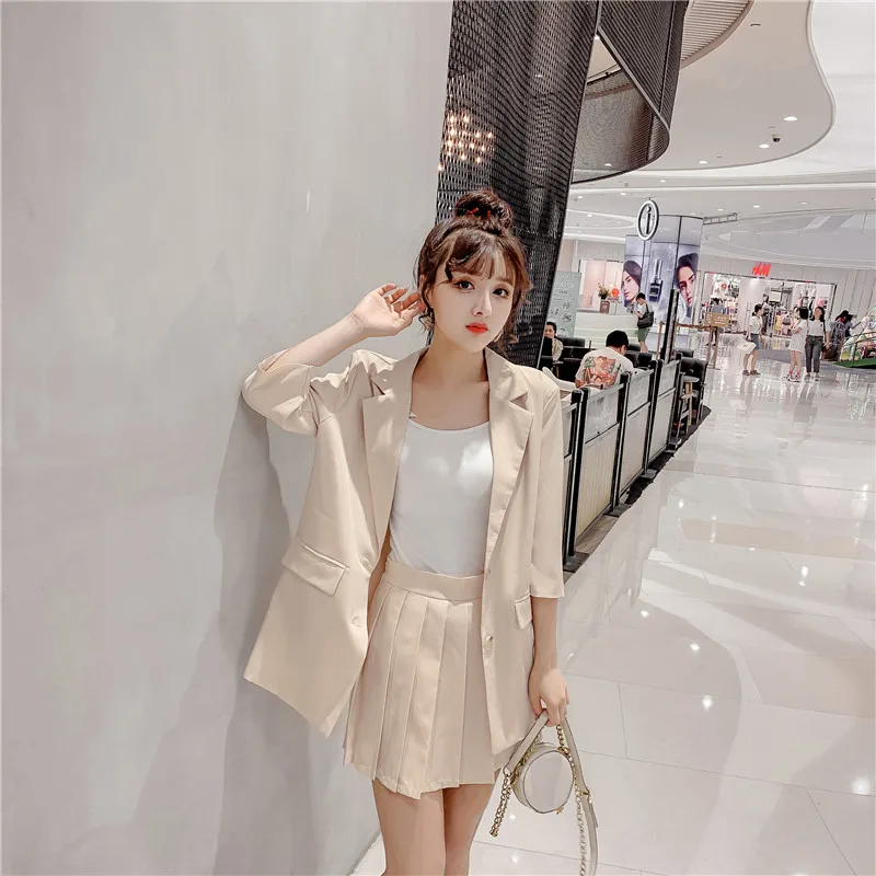 Photo Shoot~ Online Celebrity CHIC Small Suit Coat Women's Korean-style Loose-Fit British-Style Suit Pleated Skirt Two-Piece Se