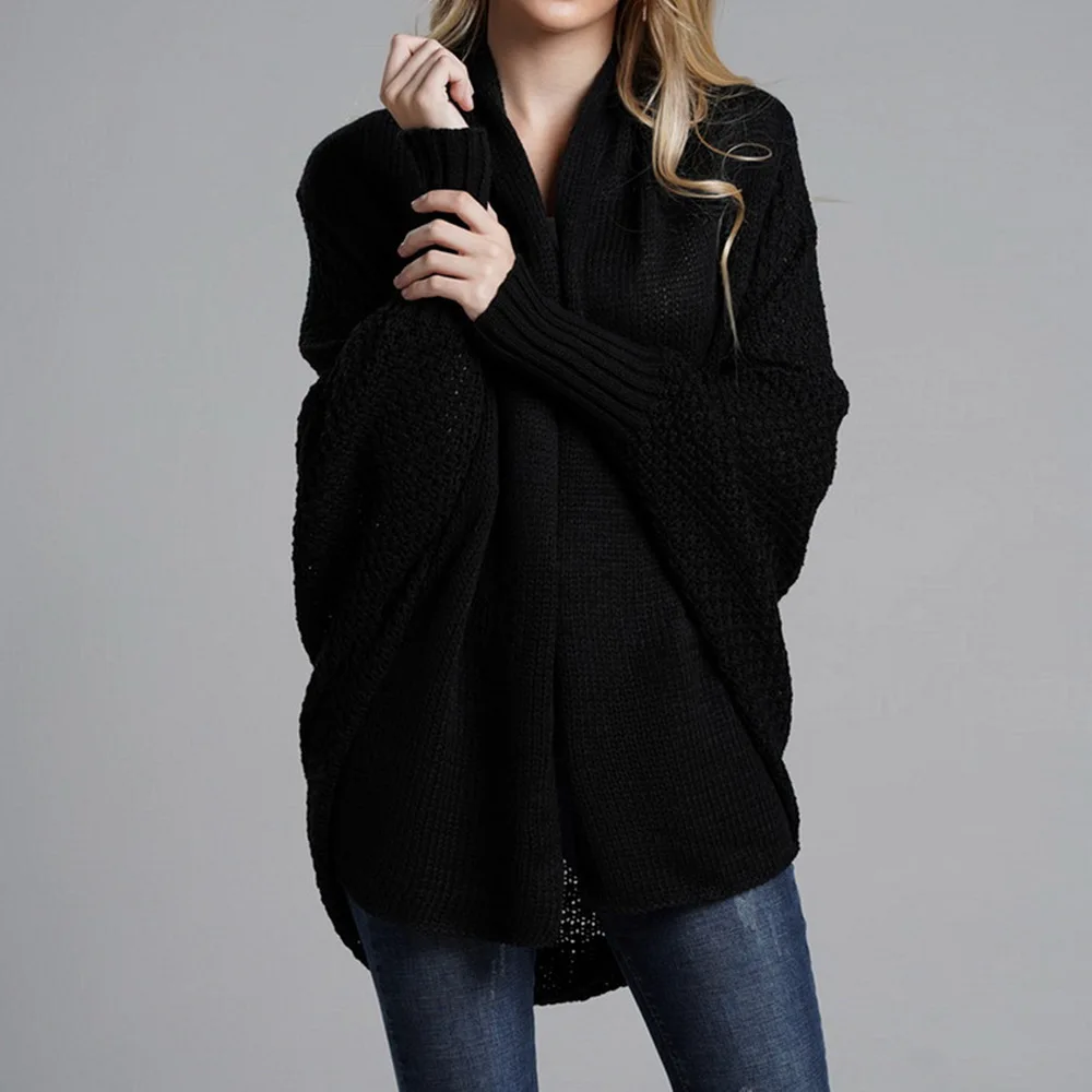 Laamei осень рукав летучая мышь трикотаж свободный размер свитер кардиган женский большой размер вязаный кардиган женский свободный джемпер пальто - Цвет: black