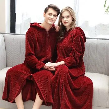 

Women Winter Plus Size Long Warm Flannel Bathrobe Bride Cozy Hooded Bath Robe Pregnant Zipper Night Dressing Gown Men Sleepwear