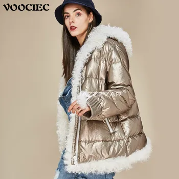 

VOOCIEC Women Winter Warm Down Jacket Coat Long Warm Silver Parkas Mongolia Sheep Fur Duck Down Coat Parka