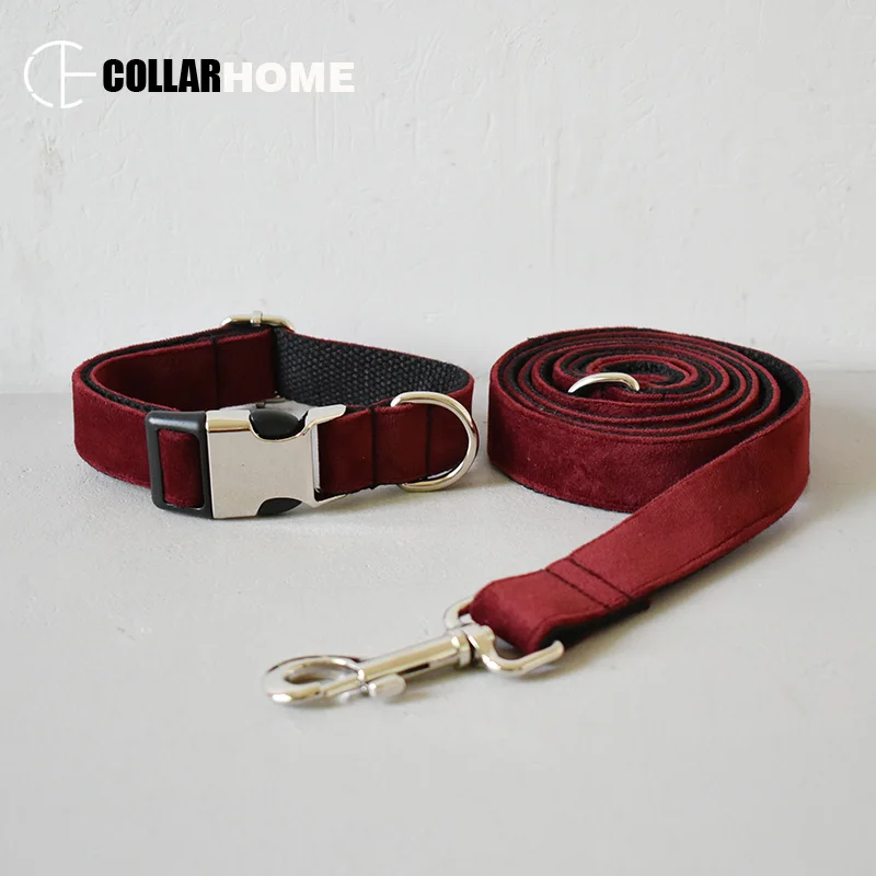Нейлоновый красный собачий ошейник, поводок, бархатное мягкое и удобное ожерелье, персонализированная веревка для щенков, поводок для средних и больших собак - Цвет: Dog Collar Leash Set
