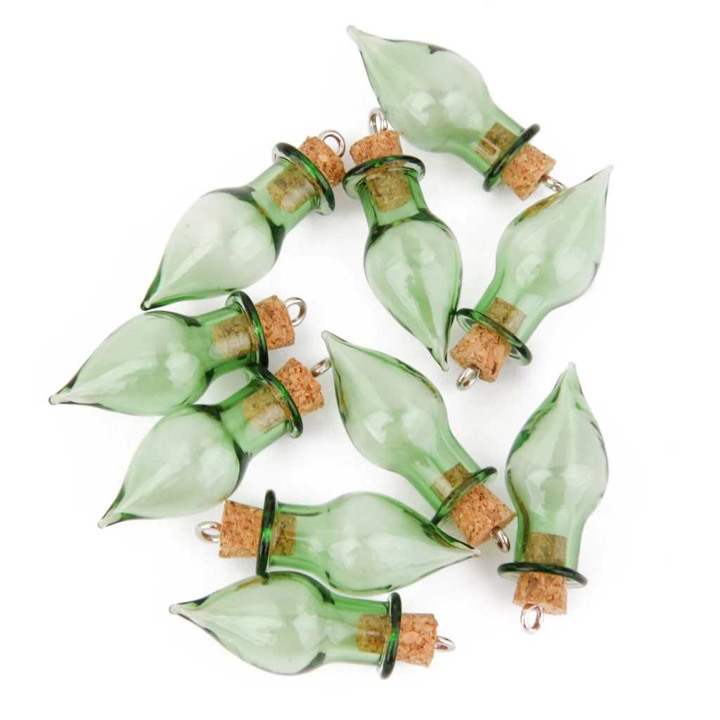 10 Glass Cork Tear Drop Jars Vial Wishing Bottles w/ Loop DIY Pendant Green