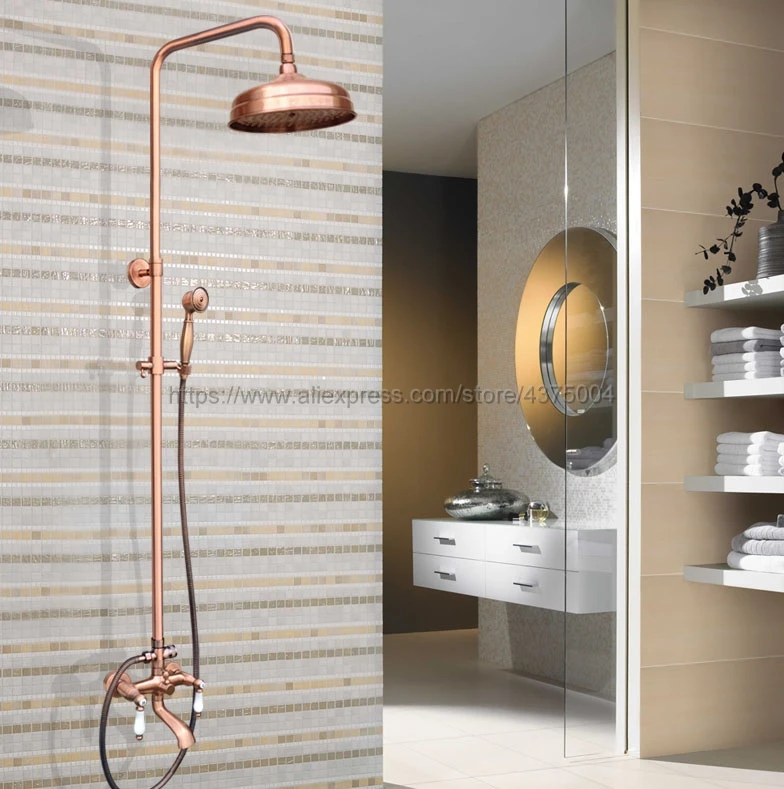 

Antique Red Copper Wall Mounted Shower Set Faucet Dual Handle with Hand Sprayer Bathroom Shower Mixers 8" Rainfall Nrg571