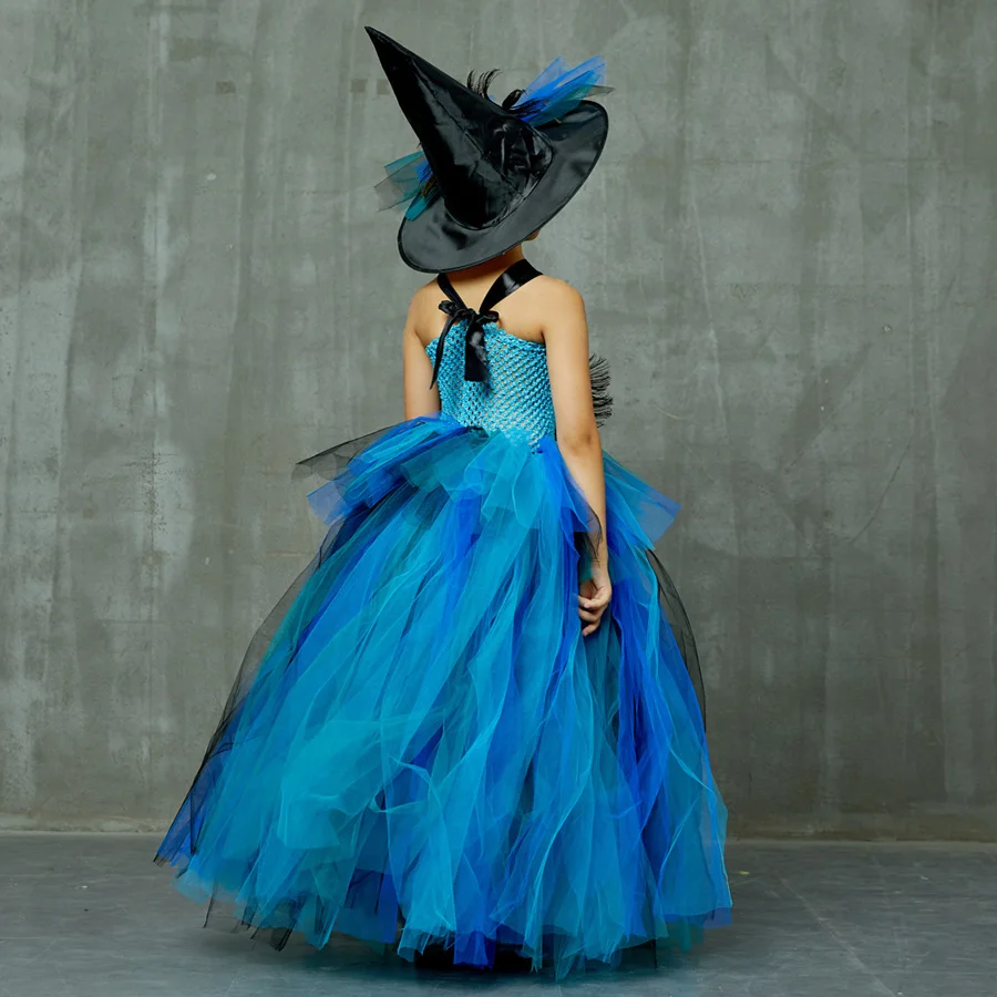 Girls Deluxe Peacock Feather Tutu Dress with Witch Hat Children Fancy Purim Pageant Birthday Party Costume Kids Prom Ball Gown (16)