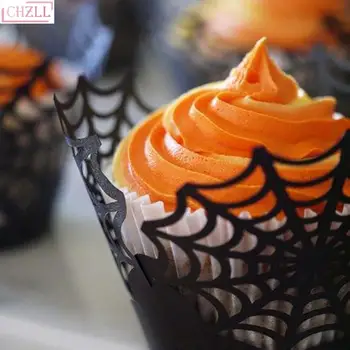 

CHZLL 12pcs Black Spider Web Little Vine Lace Laser Cut Cupcake Props Wrapper Liner Halloween Party Handmade Cake Decoration