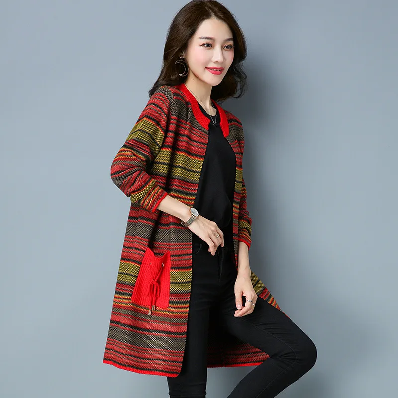 

2019 Spring Clothing New Style Coat Women's Spring And Autumn Stripes Large Size Outdoor Mid-length Crew Neck Sweater Cardigan S