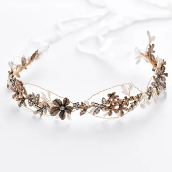 

NPASON Flower Leaf Wedding Headband Tiara Hand wired Rhinestone Hair Vine Band Bridal Hair Accessories Women Headwear