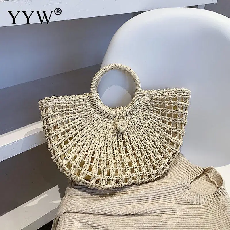 Moon Shape Handmade Bags for Women Weaving Ladies Straw Bag Large Women Handbags Straw Bag Clutch Top Handle Handbags Hollow