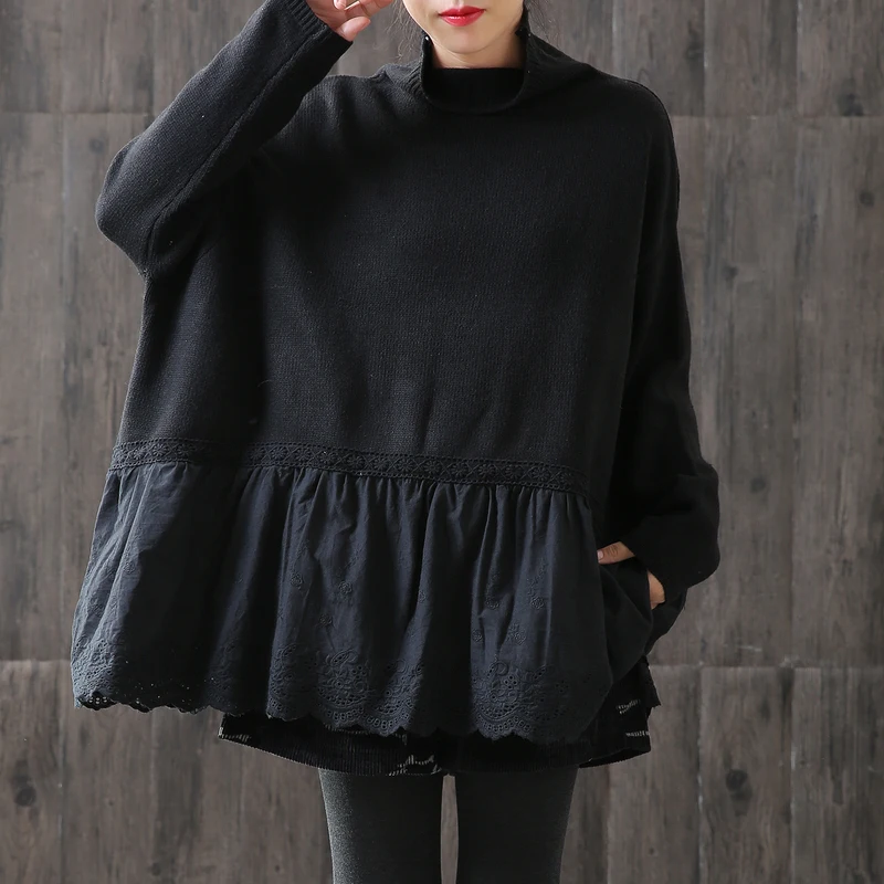 

[DEAT] 2019 Autumn New Pattern Fashion Trend Wild Female Streetwear Knitted Turtlececk Collar Lace Patchwork Sweater AT373