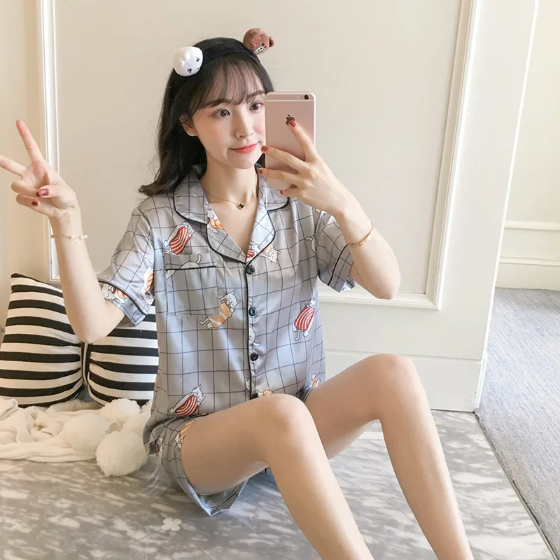 

905-1 # Summer Korean-style Set Silk Real Silk Printed Short Sleeve Shorts Two-Piece Set Viscose Pajamas