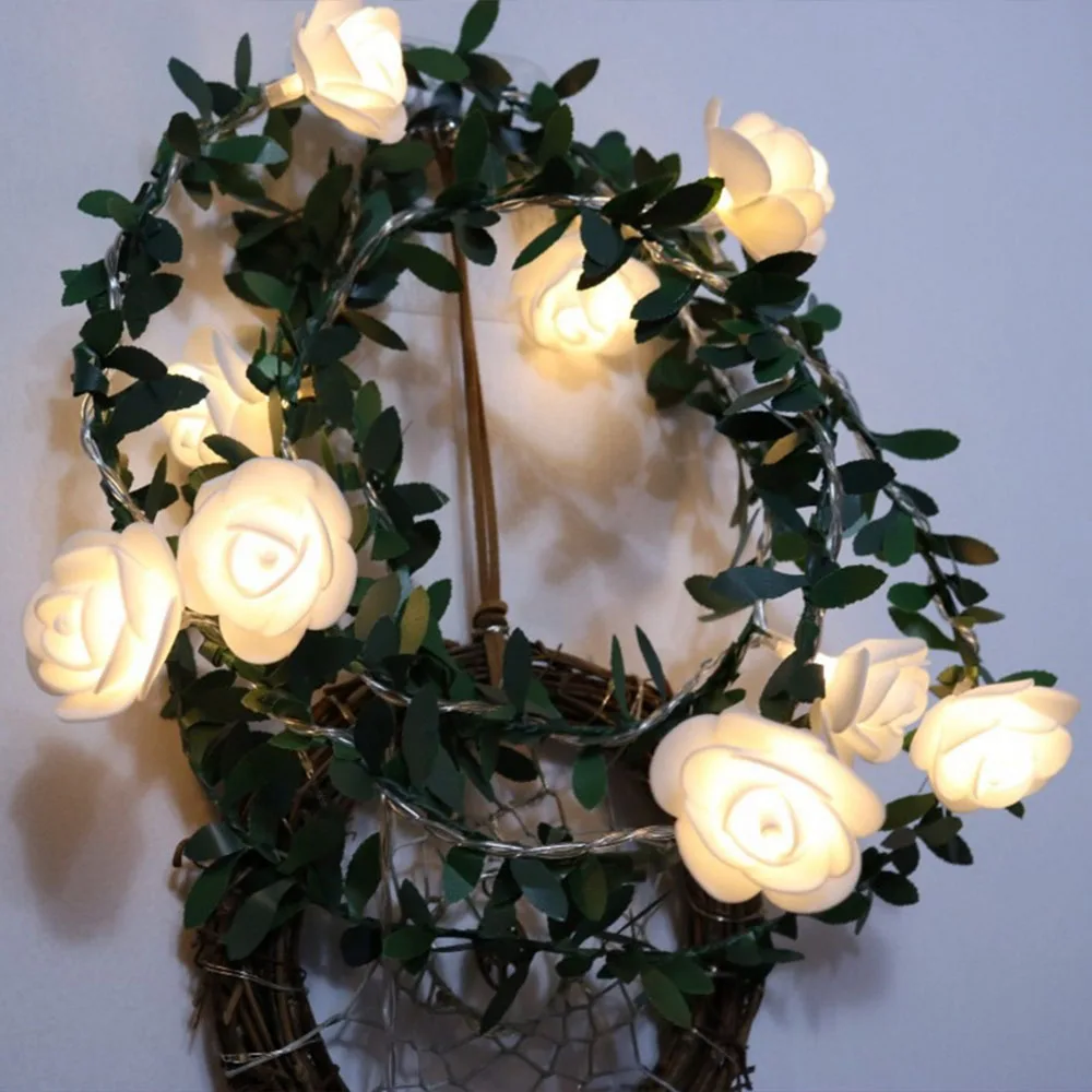 Rose Flower Led String Lights Green Leaf Garland Battery Usb Solar