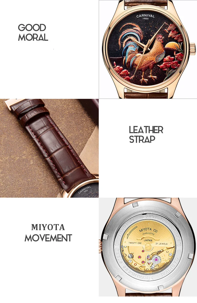 New Fashion top luxury brand CARNIVAL watches men automatic mechanical leather strap 3D cock dial clock MIYOTA movement relogio