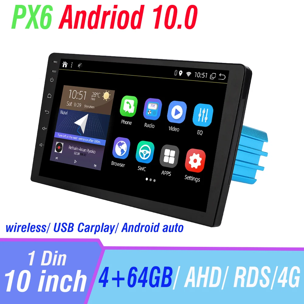 1din 10 дюймов Android PX6 мультимедийный DVD видео плеер GPS навигация автомобильное радио