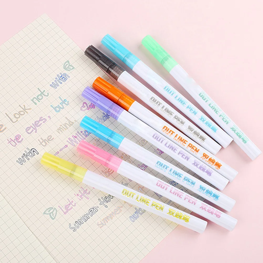 8pcs Fluorescent Pens Double Line Contour Color Marker Pen For