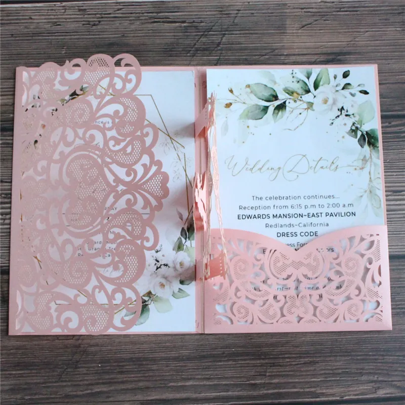 Wedding Invitations Marriage Announcements 3D Flower Laser Cut Nostalgic Pocket Invites