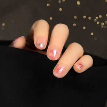 

24pcs Short beautiful false nails Florets Fresh Paillette Decorative press on Nails Students Wearable Full Cover Nail with Glue