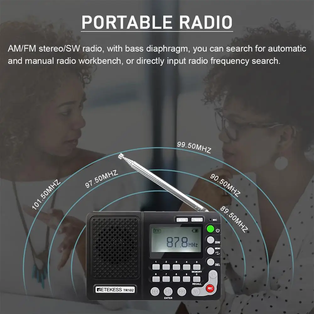 Retekess TR102 портативное радио FM/AM/SW приемник мирового диапазона MP3-плеер REC рекордер с таймером сна черный fm-радио рекордер