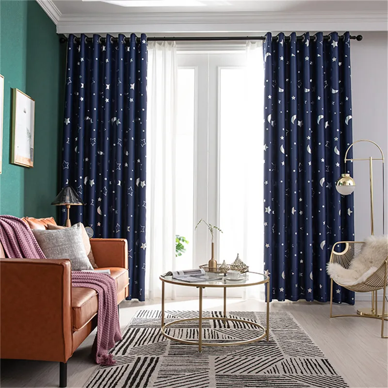Home Decor Shiny Stars and Moons Blackout Curtains For Kids Living Room Custom Made Window Curtain Drapes - Цвет: navy