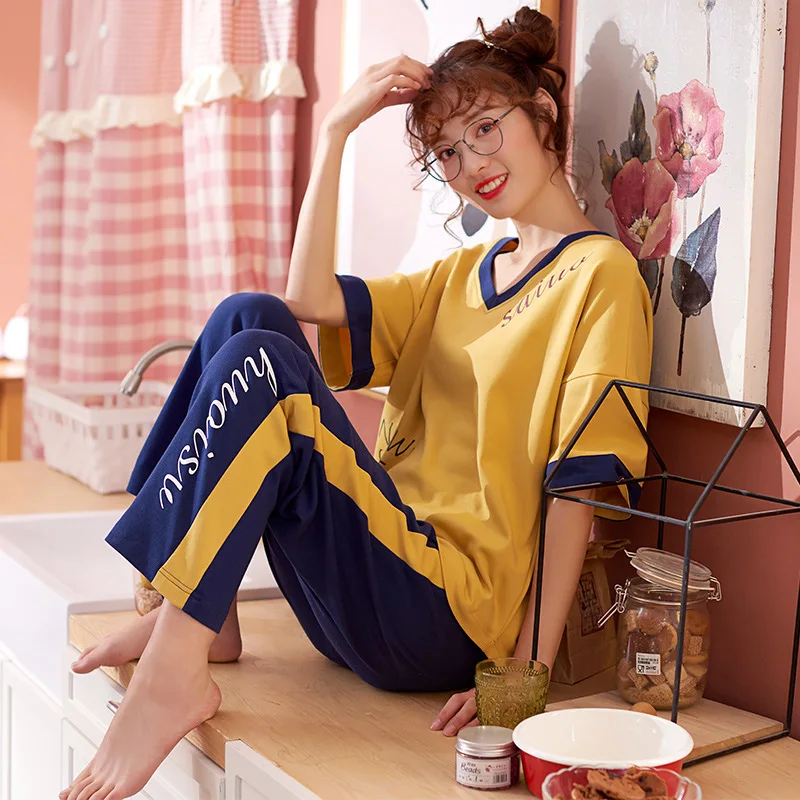 

Hot Sales Summer WOMEN'S Short Sleeved Knitted Cotton Trousers Pajamas Summer Korean-style Casual Cartoon Large Size Women's Hom