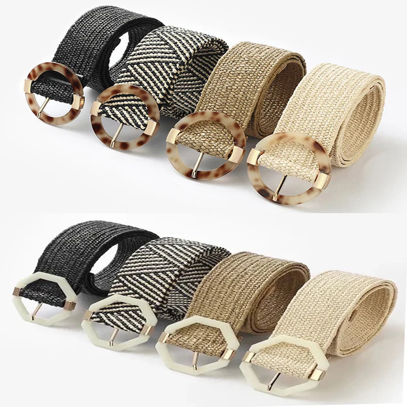 New Fashion Octagonal Round Plastic Buckle Women Waist PP Grass Bohemian Style Dress Coat Elastic Woven Waistband 4cm elastic stretch pp grass woven belt for women love buckle waist strap sweet ladies summer boho decor dress jeans waistband