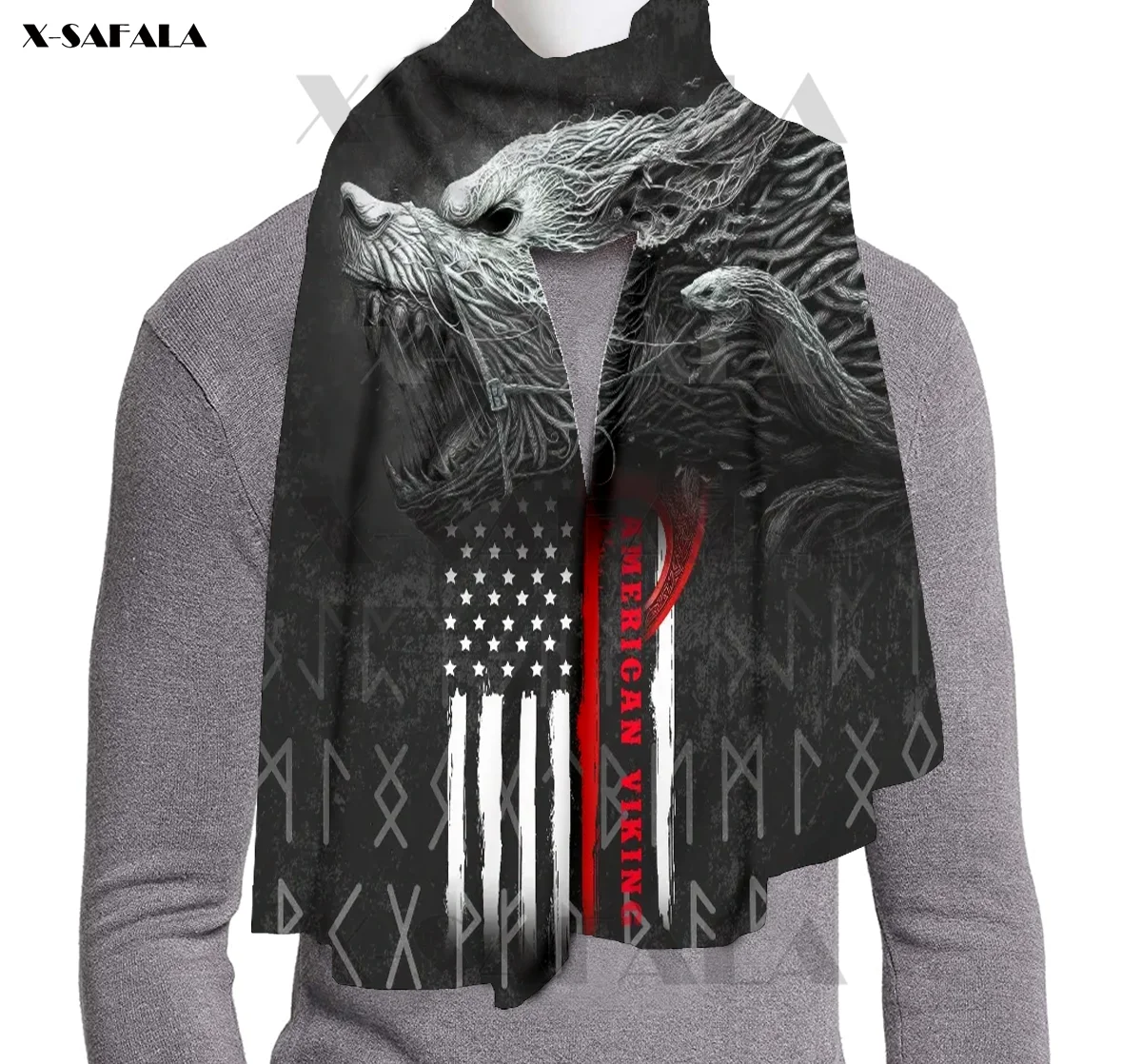 men's scarves & shawls Wolf VIKING FENRI Printed Long 71 inches Thick Child Gift Scarf Shawl Warm Original Design Wool Women Men men's scarves