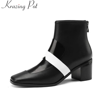 

Krazing pot genuine leather squar toe mixed colors work boots concise high heel winter shoes fashion office lady ankle boots L30
