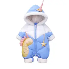 Pelele de invierno con capucha para bebé, chaquetas gruesas, conjunto para niño, Mono para niños de unicornio de dibujos animados, traje de nieve para bebé