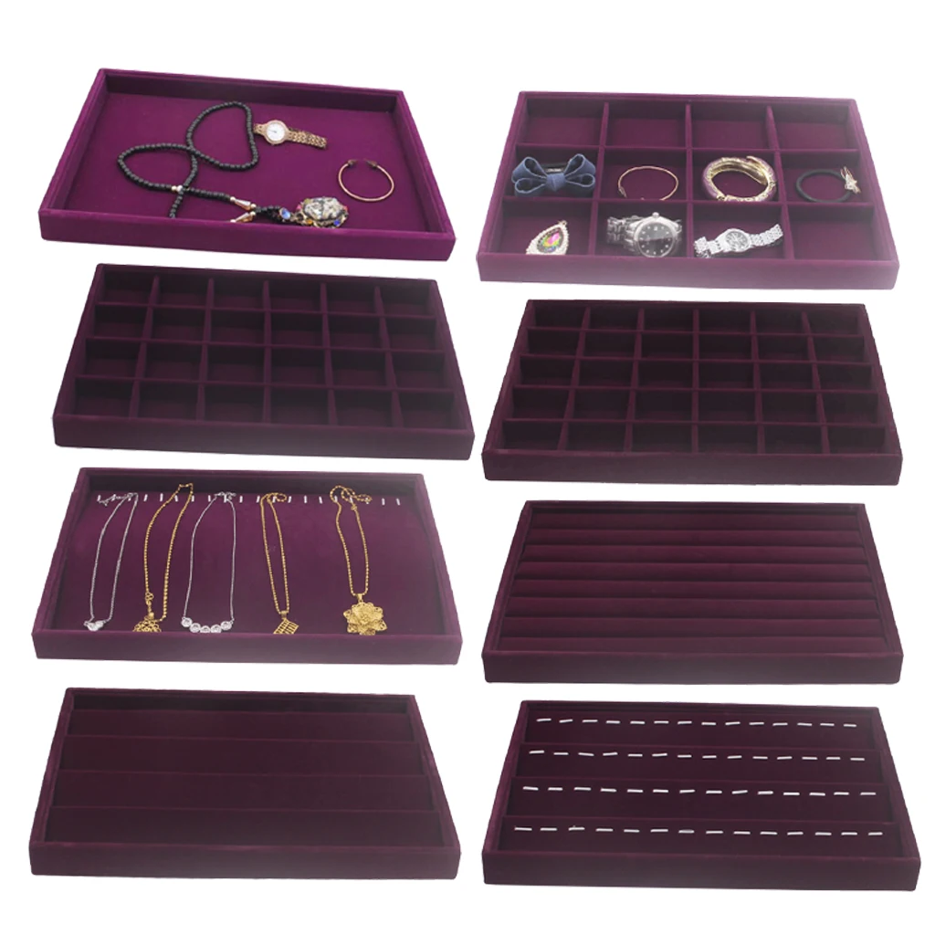 Velvet Drawer Jewlery Box Organizer Tray for Watch Bangle Rings Display Showcase Purple 35 x 24 x 3cm